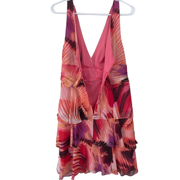 EUC Bisou Bisou Chiffon Abstract Dress sz 14 Peach Black Red Ivory Party Wedding - Picture 5 of 5